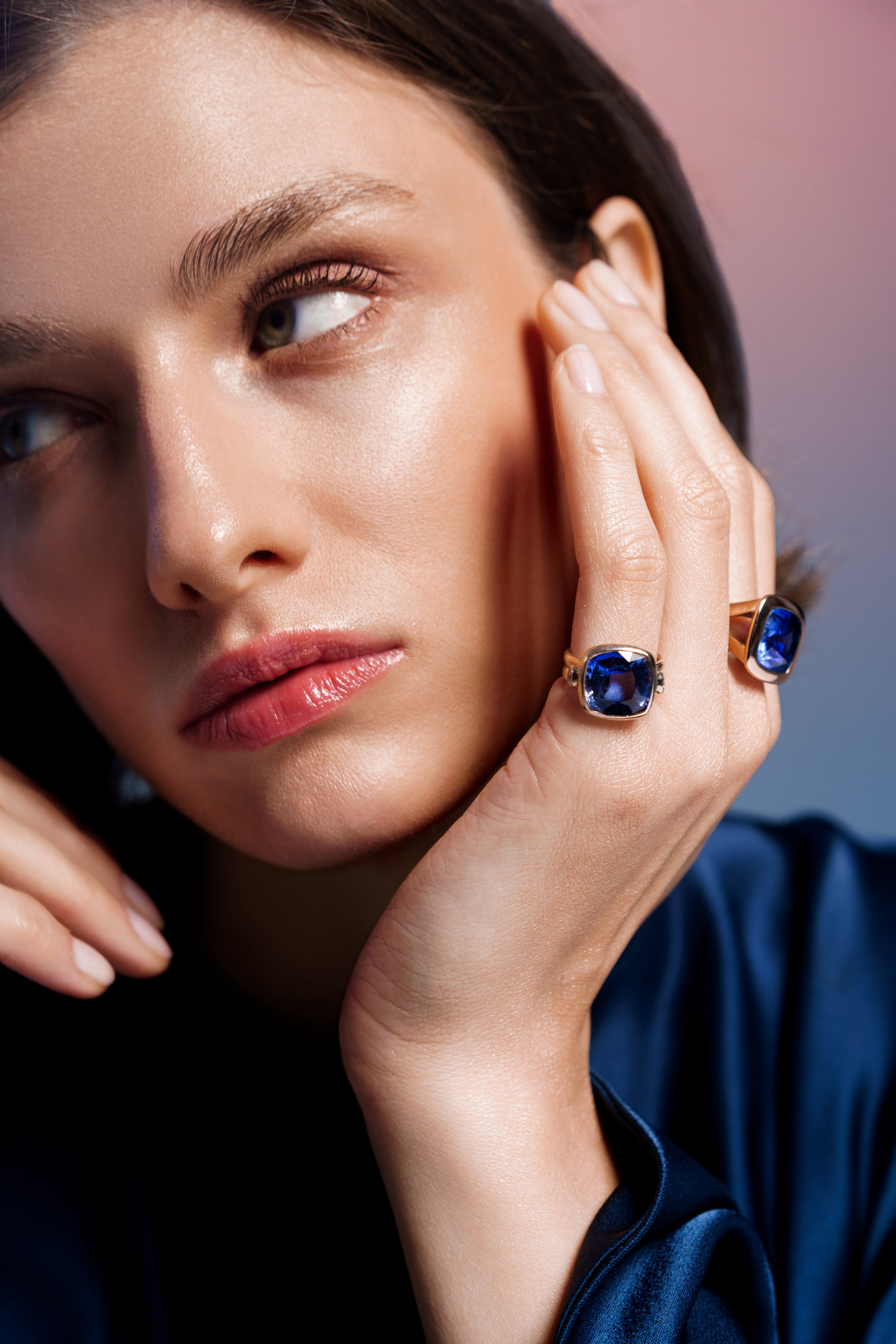 Blue Sapphire with Oval Diamonds Birthstone Ring