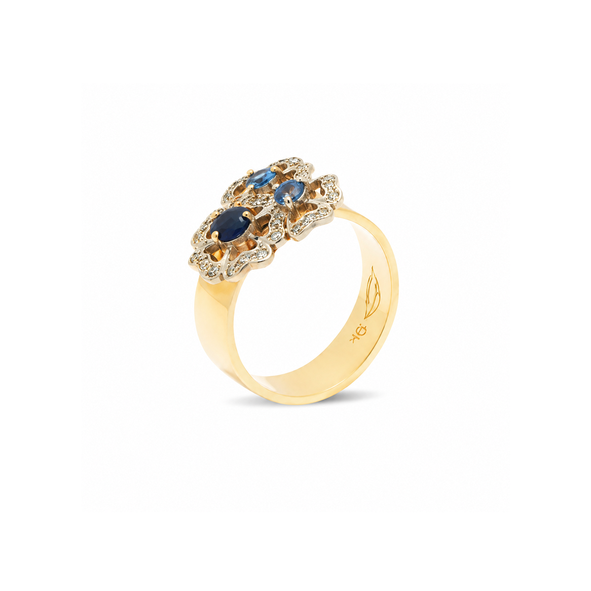 Blossoms Diamonds Blue Sapphires Wide Band Ring