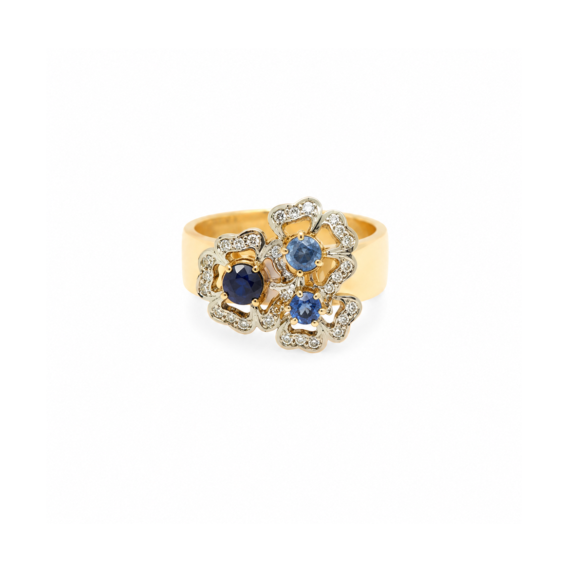 Blossoms Diamonds Blue Sapphires Wide Band Ring