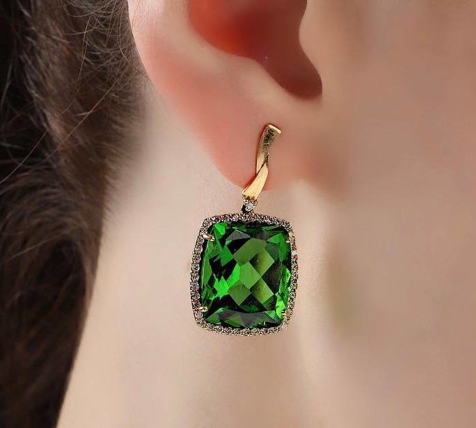 Moldavite and Brilliant White Diamonds Earrings