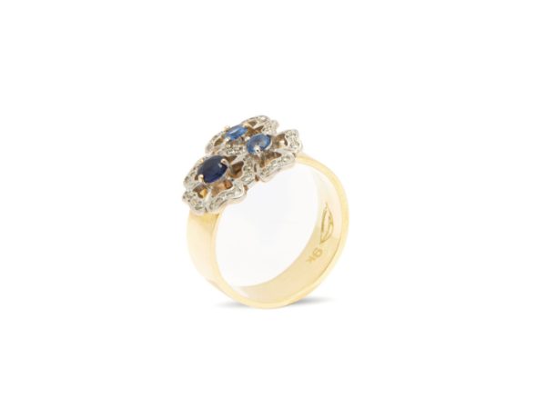 Blossoms Diamonds Blue Sapphires Wide Band Ring