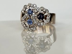 Blossoms Diamonds Blue Sapphires Wide Band Ring - Image 7