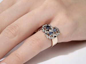 Blossoms Diamonds Blue Sapphires Wide Band Ring - Image 9