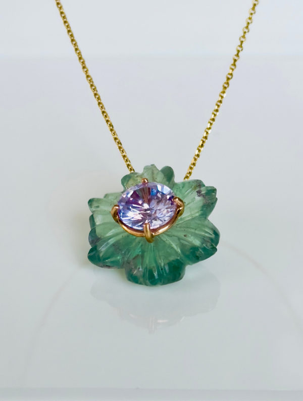 Blooming Green Fluorite Lilac Zircon Pendant  14k, Solid Gold Pendant