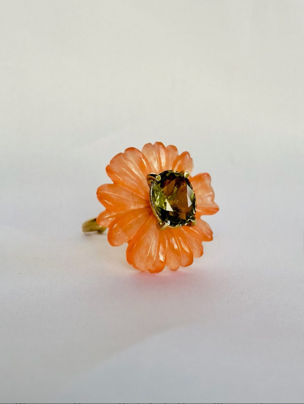 Blooming Orange-Pink Jade Green Tourmaline Ring